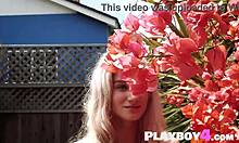 Roxy Shaw, a stunning young blonde, unveils her natural physique following a session in the backyard for Playboy4 com.
